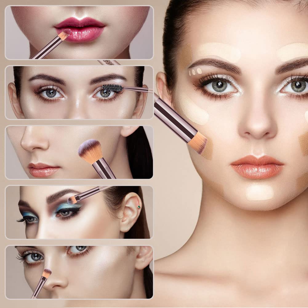 HEYMKGO 10PCS Portable Makeup Brush Set with Cosmetic Bag - Champagne Gold Synthetic Brushes - Image 4