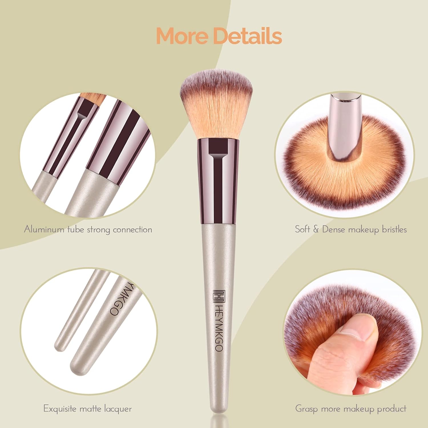 HEYMKGO 10PCS Portable Makeup Brush Set with Cosmetic Bag - Champagne Gold Synthetic Brushes - Image 2