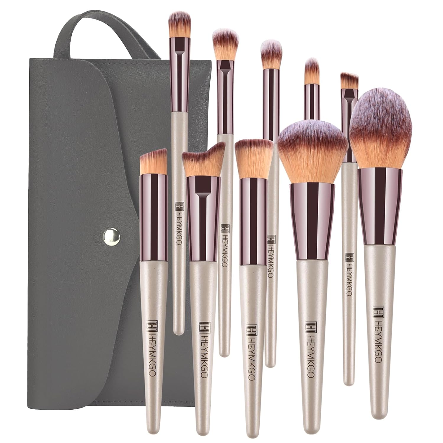 HEYMKGO 10PCS Portable Makeup Brush Set with Cosmetic Bag - Champagne Gold Synthetic Brushes
