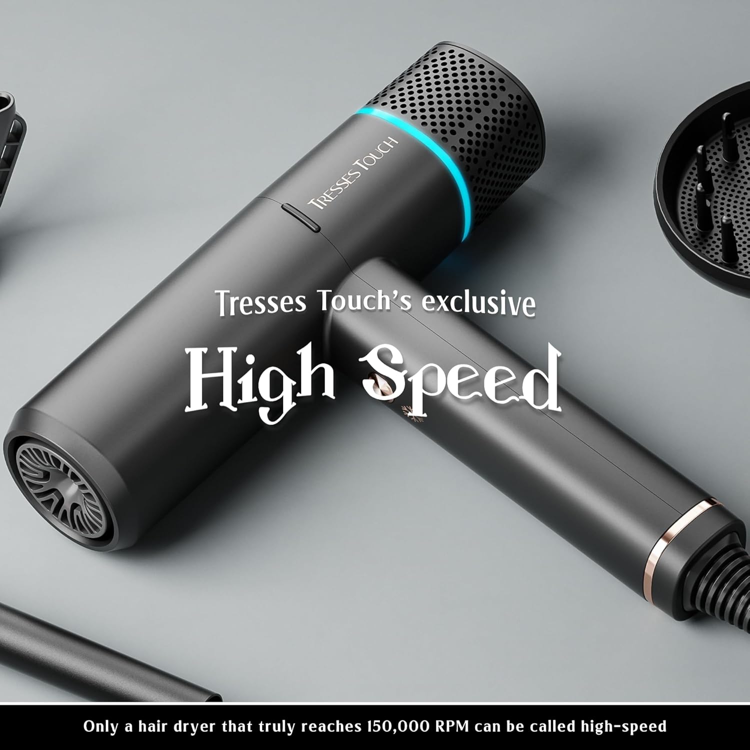 High-Speed 150000 RPM Ionic Hair Dryer with Diffuser and Nozzle, Black - Image 2