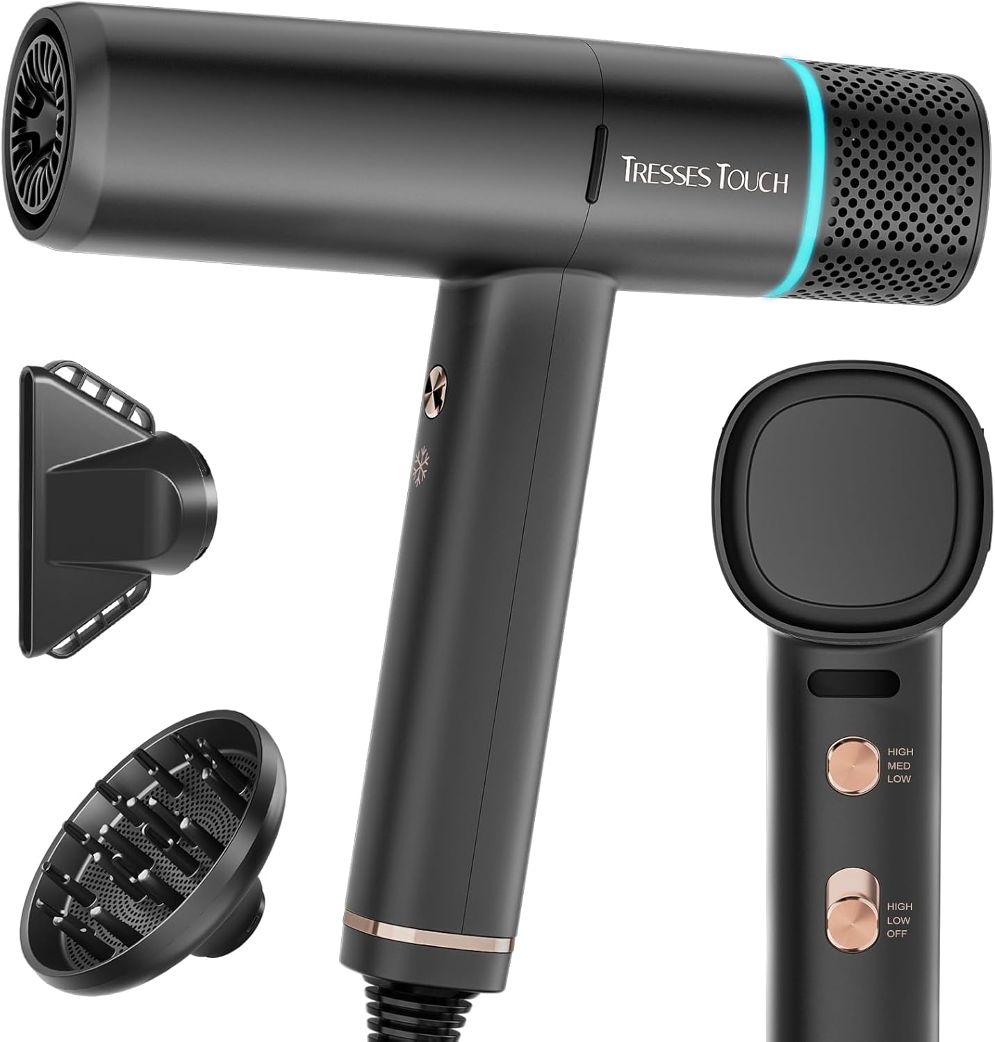 High-Speed 150000 RPM Ionic Hair Dryer with Diffuser and Nozzle, Black