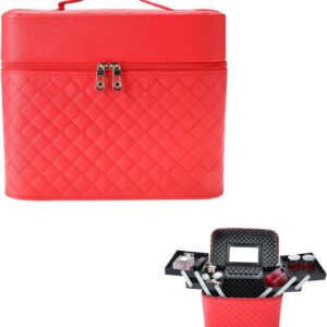 HighFree Red Makeup Train Case with Mirror, 4-Tier, Large Capacity, Lockable