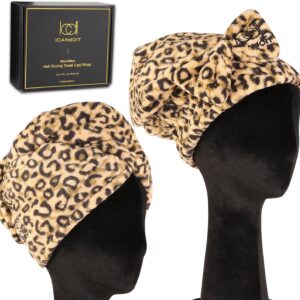ICANdOIT-Perfect Bundle Microfiber Hair Drying Towel with Cap for All Hair Style, Extre Soft & Ultra Absorbent, Quick Drying Hair Turban Wrap Towels-Shower Cap for Girls&Women(Leopard)