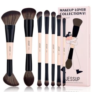 Jessup 7pcs Double-Sided Makeup Brushes Set, Cruelty-Free for Face & Eyes