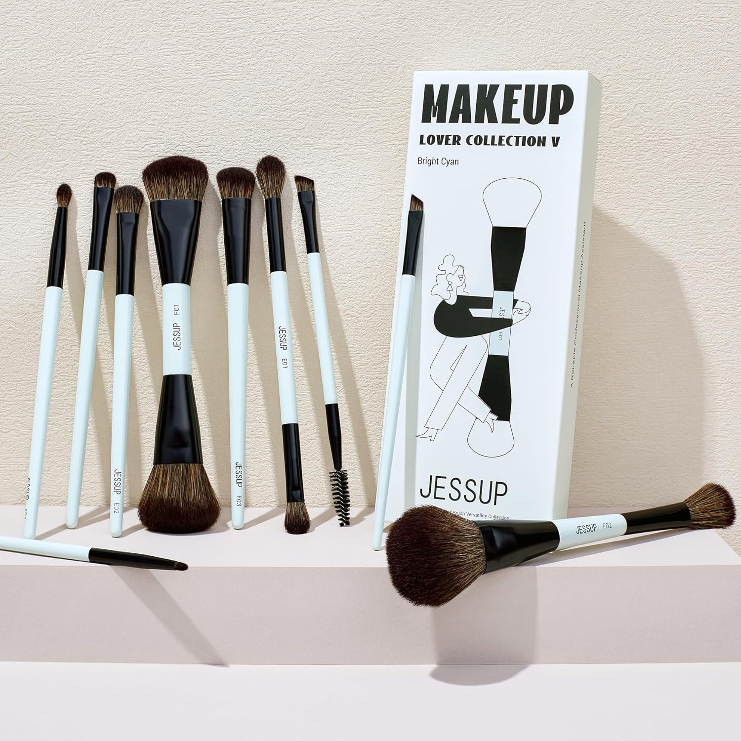 Jessup Makeup Brushes Set 10pcs, Double Sided Foundation Contour Blush Highlight Blending Eyebrow Brush Eyeshadow Eyeliner Concealer Brush, Bright Cyan Cruelty Free Cosmetic Tools T500 - Image 7
