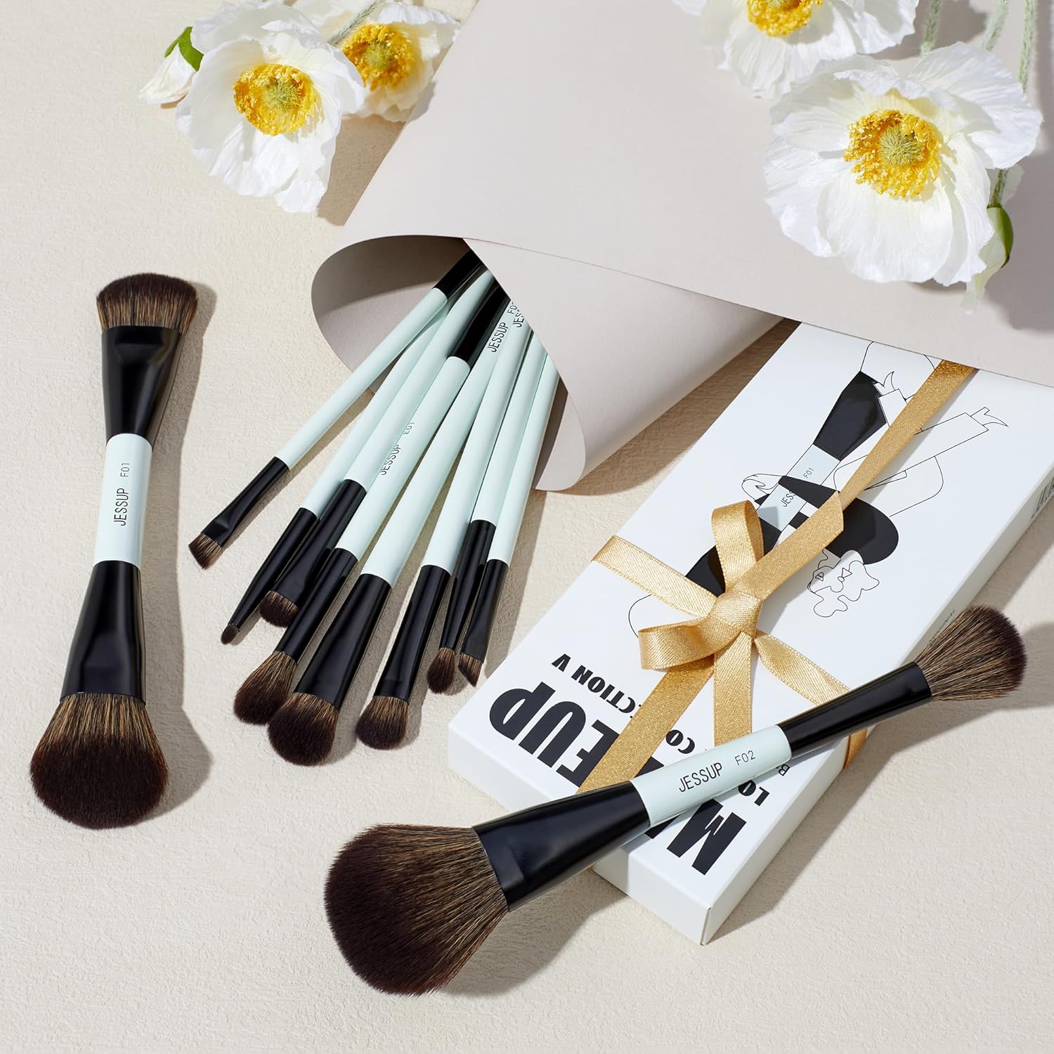 Jessup Makeup Brushes Set 10pcs, Double Sided Foundation Contour Blush Highlight Blending Eyebrow Brush Eyeshadow Eyeliner Concealer Brush, Bright Cyan Cruelty Free Cosmetic Tools T500 - Image 6