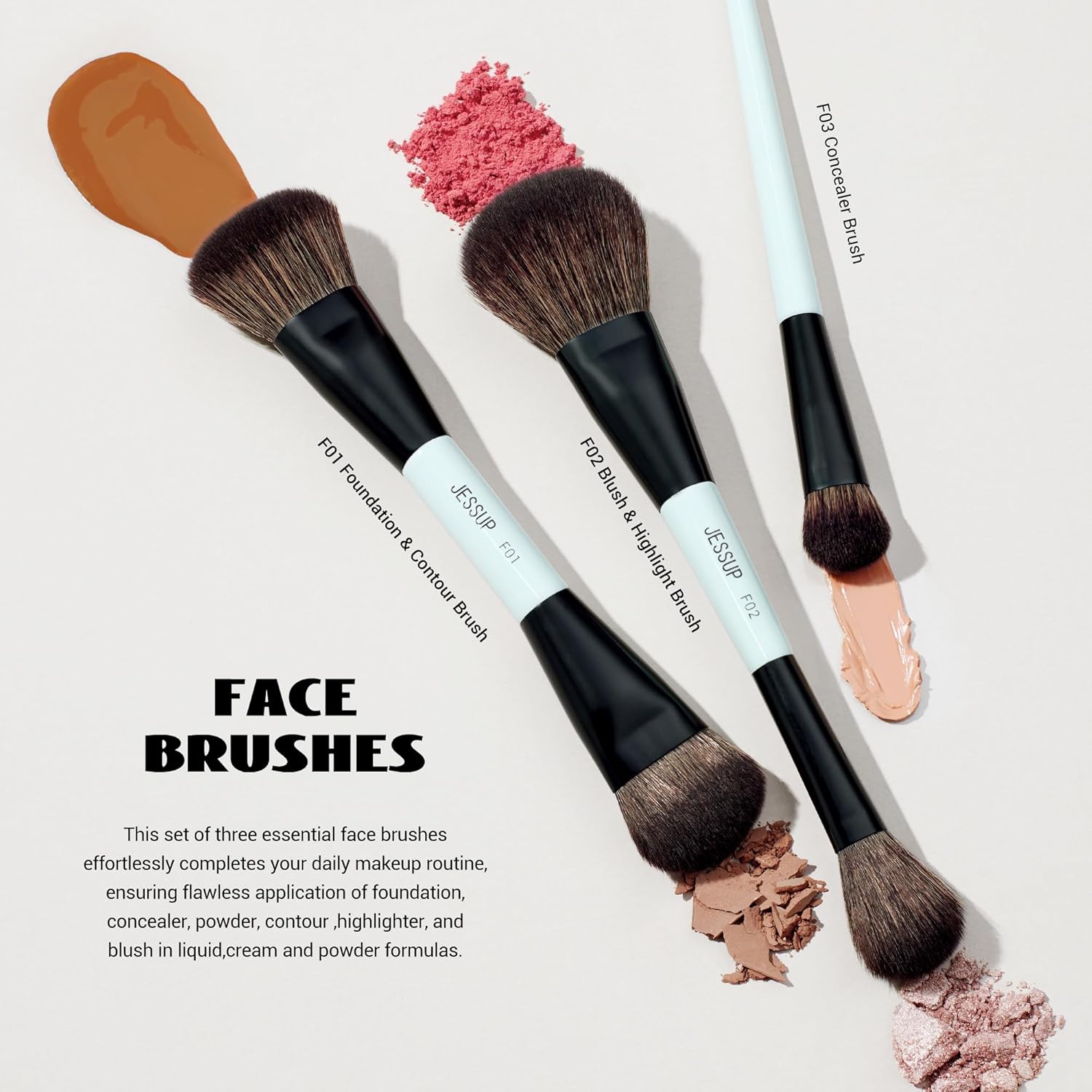 Jessup Makeup Brushes Set 10pcs, Double Sided Foundation Contour Blush Highlight Blending Eyebrow Brush Eyeshadow Eyeliner Concealer Brush, Bright Cyan Cruelty Free Cosmetic Tools T500 - Image 4
