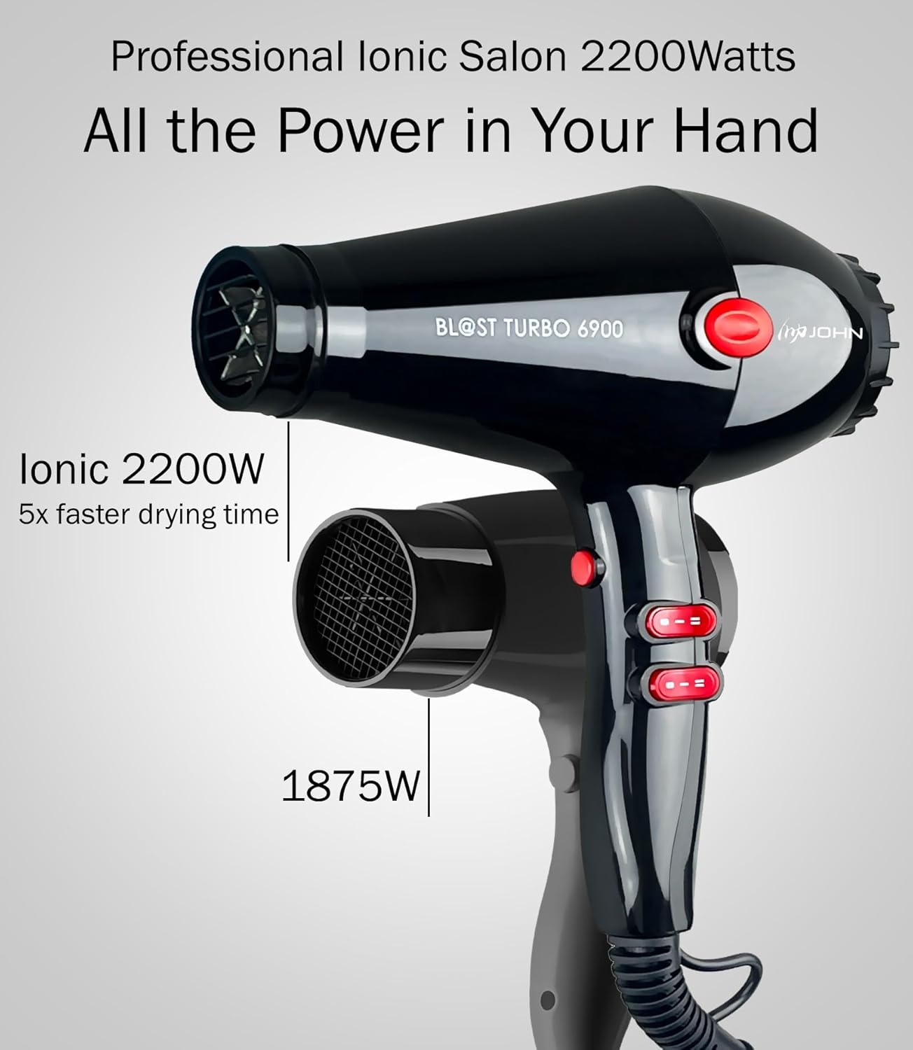JOHN 2200W Ionic Salon Hair Dryer, 5X Fast Drying, Turbo Blast, Black - Image 2