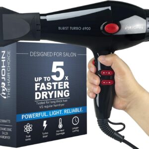 JOHN 2200W Ionic Salon Hair Dryer, 5X Fast Drying, Turbo Blast, Black