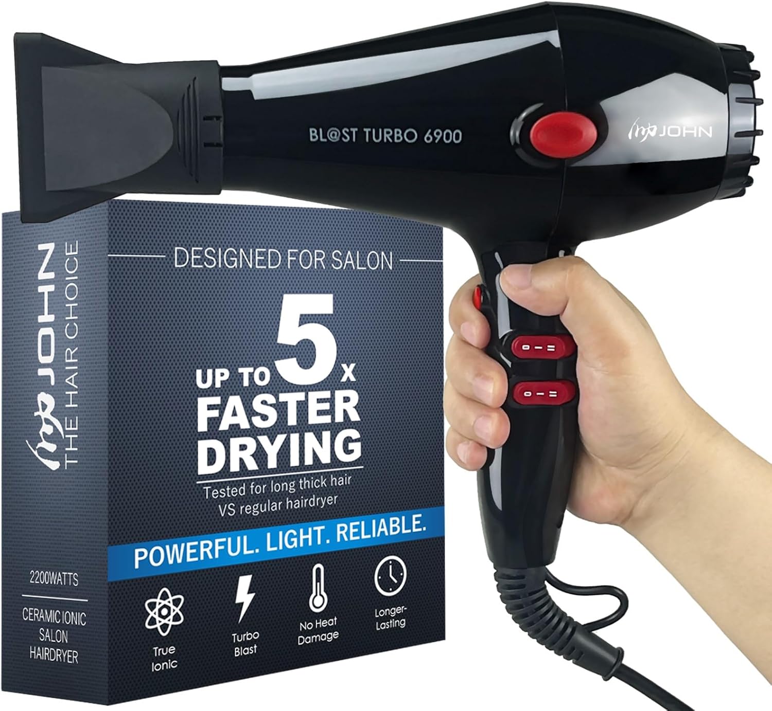 JOHN 2200W Ionic Salon Hair Dryer, 5X Fast Drying, Turbo Blast, Black