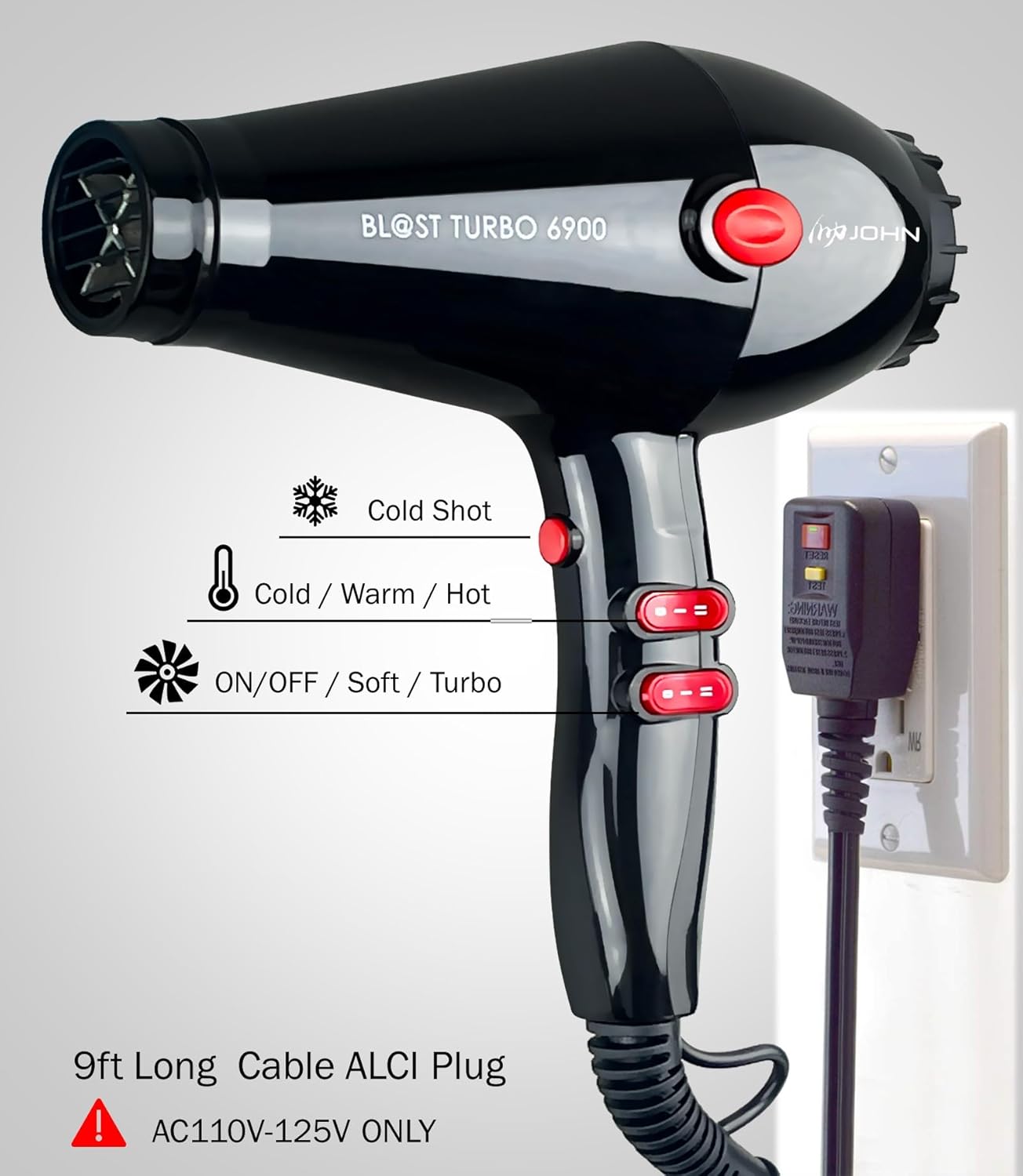 JOHN 2200W Ionic Salon Hair Dryer, 5X Fast Drying, Turbo Blast, Black - Image 5