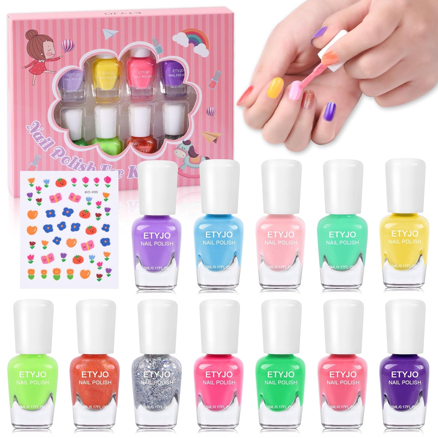 Kids Nail Polish Set - Nail Polish for Girls Ages 3-12 | 12 Rainbow Colors | Non-toxic, Water-based, Low Odor | Peel-off, Quick Dry | Children Nail Polish Kit for Teens, Children, and Toddlers