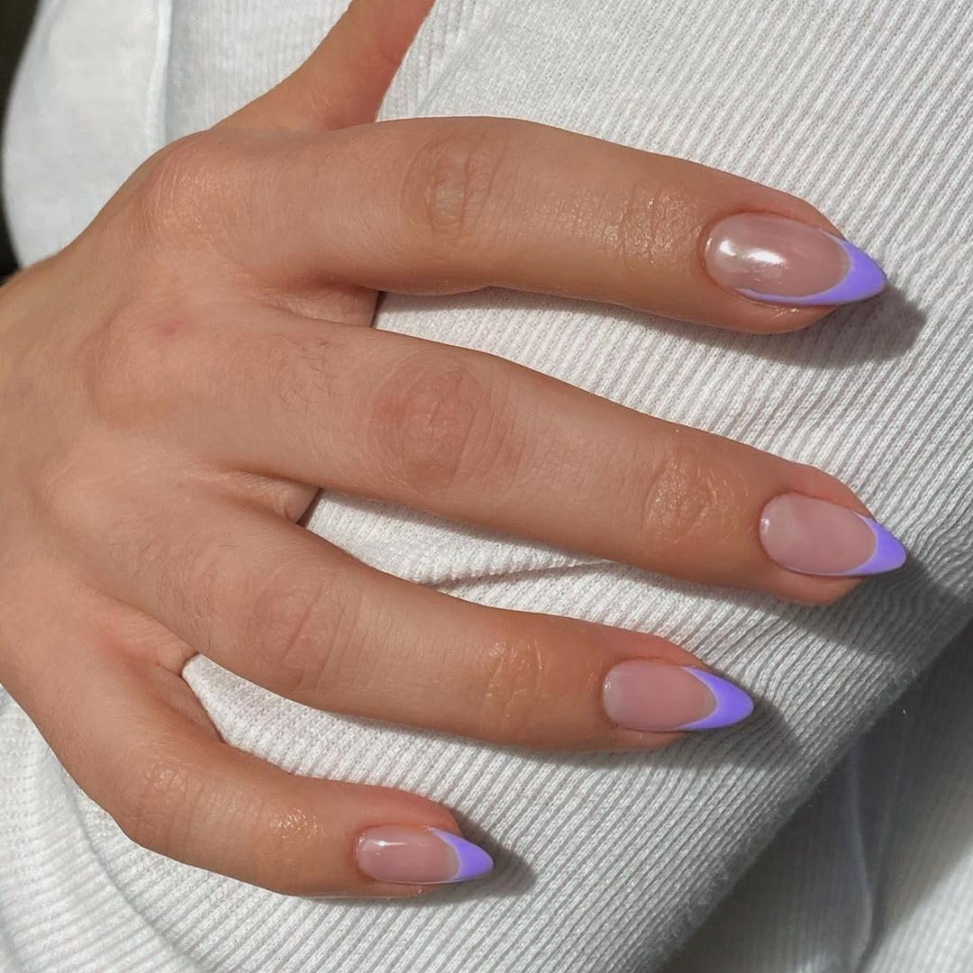 KQueenest 30 Pcs Light Purple French Tip Almond Press-On Nails for Women