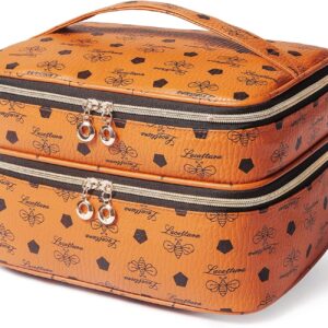 LACATTURA Brown Double Layer Leather Makeup Bag with Adjustable Divider for Women