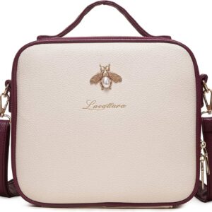 LACATTURA White Leather Makeup Train Case with Shoulder Strap for Women