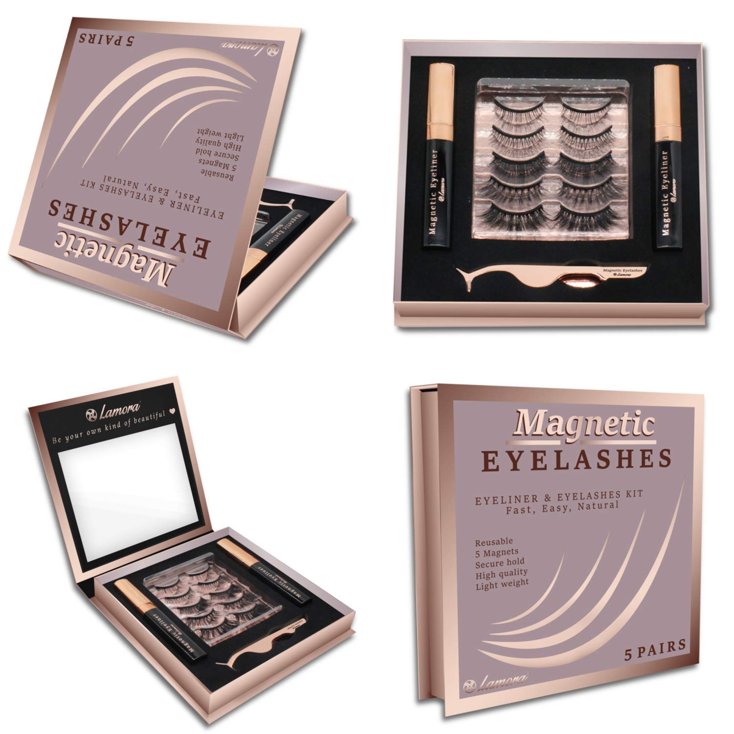 Lamora Reusable Magnetic Lashes Kit with Waterproof Eyeliner, Applicator & Storage Box