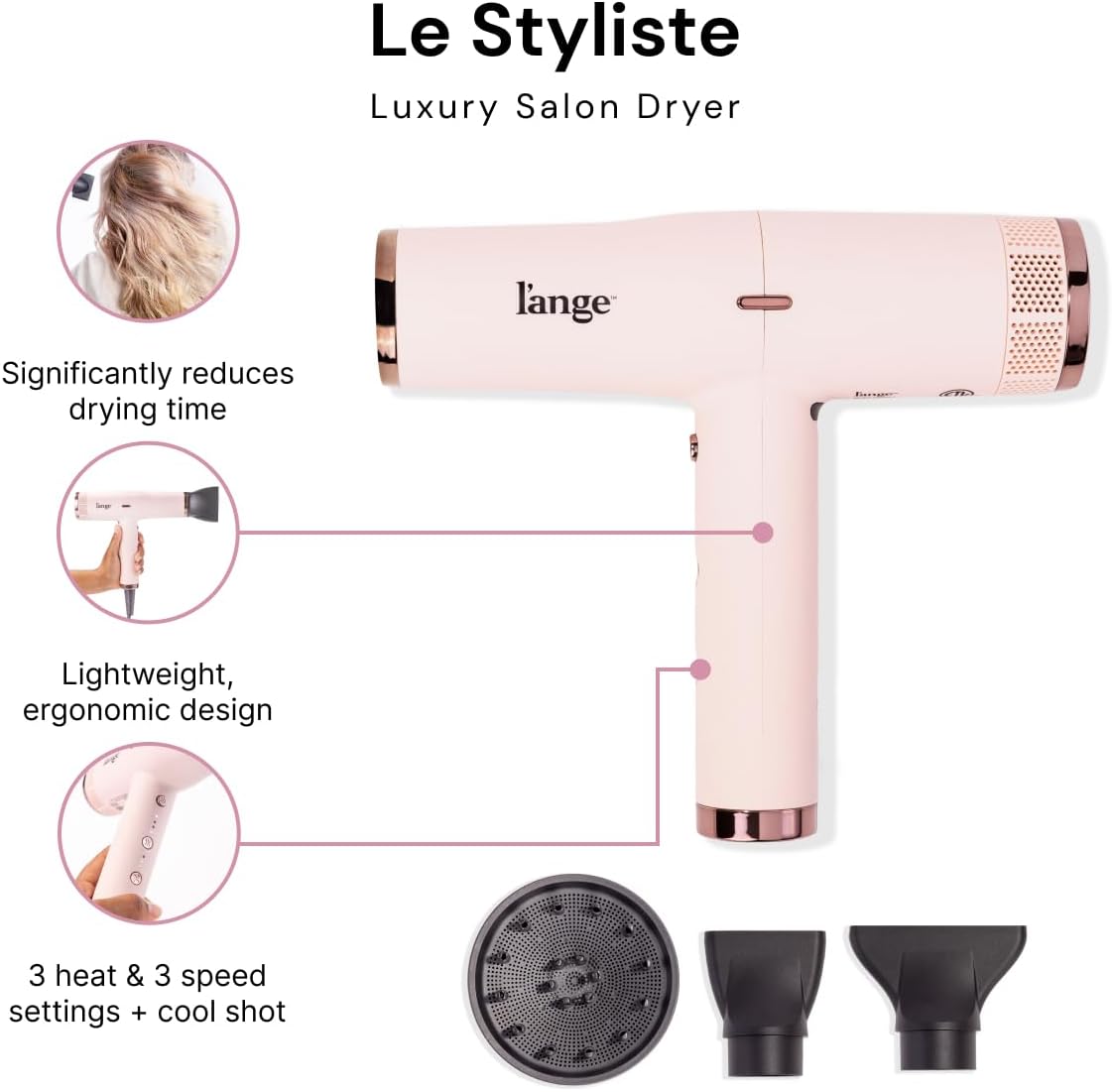 L'ANGE HAIR Le Styliste Luxury Hair Dryer | Quiet Brushless Blow Dryer with Diffuser | 1875 Watts for 4X Faster Drying | Hairdryer with 3 Heat & Speed Settings | Best Hair Dryers for Blowouts - Image 2