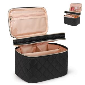 Large Travel Makeup Bag Organizer, Double Layer with Removable Dividers, Black