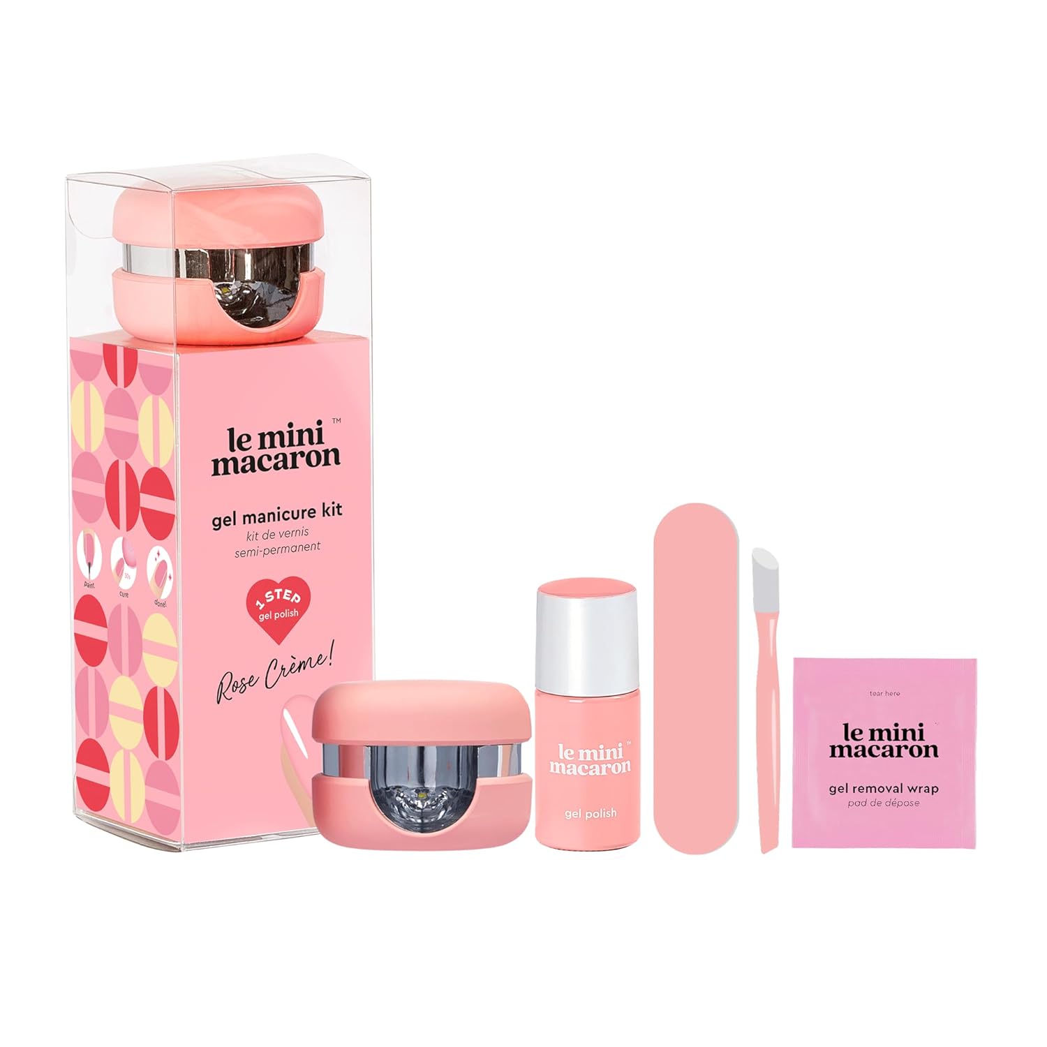 Le Mini Macaron DIY Gel Manicure Kit | Gel Nail Polish Kit w/ LED Nail Dryer Lamp, 1 Gel Polish, Cuticle Stick, Nail File, & Remover Wraps, Rose Crème
