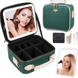 LED Lighted Travel Makeup Bag with Adjustable Dividers and Strap (Green)