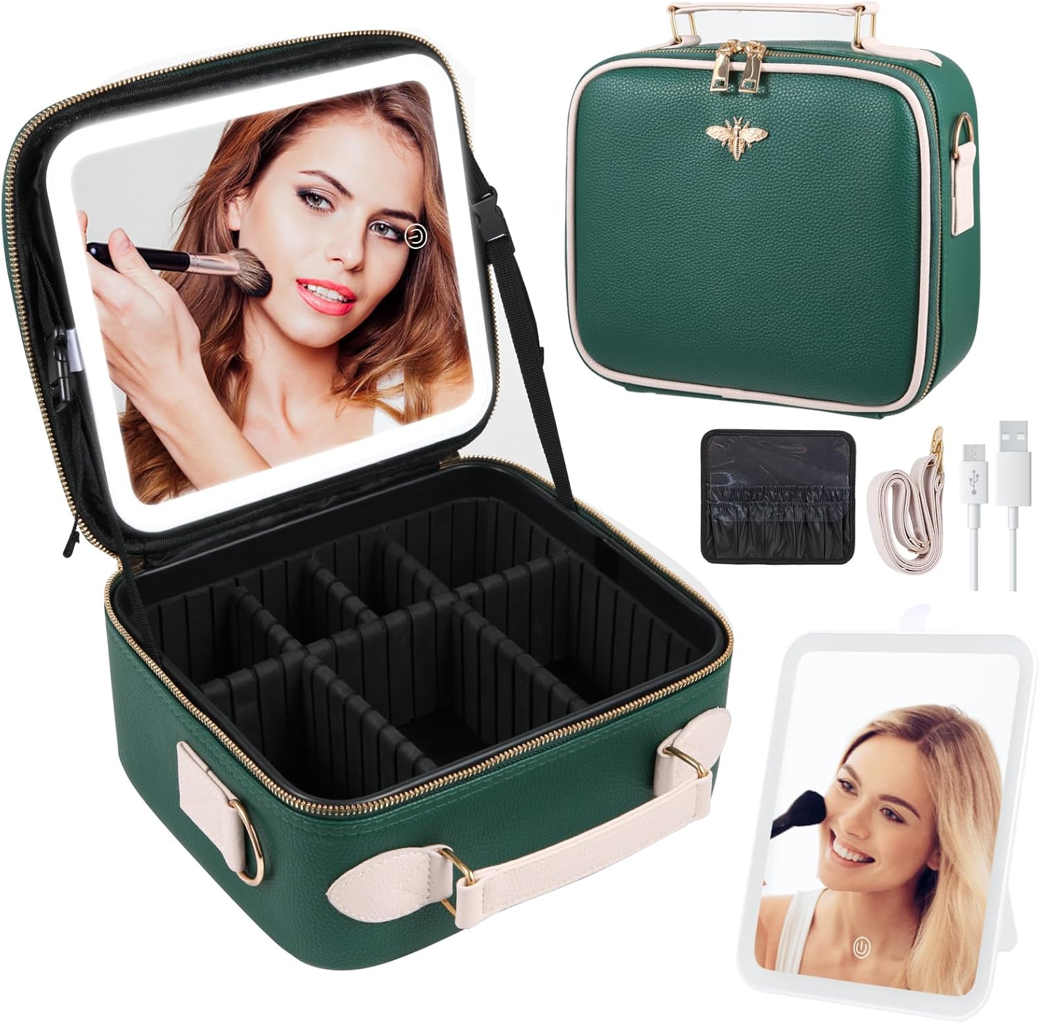 LED Lighted Travel Makeup Bag with Adjustable Dividers and Strap (Green)