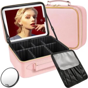 LED Makeup Bag with 15X Magnifying Mirror, Waterproof, Adjustable Dividers (Pink)