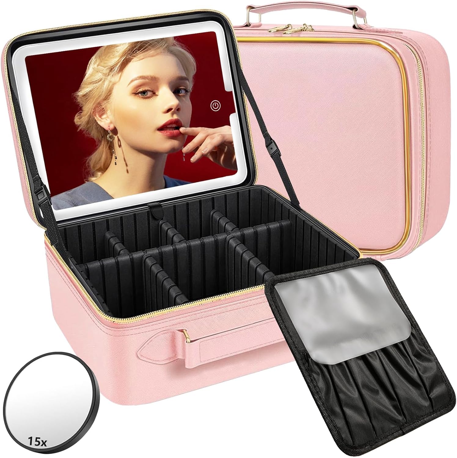 LED Makeup Bag with 15X Magnifying Mirror, Waterproof, Adjustable Dividers (Pink)