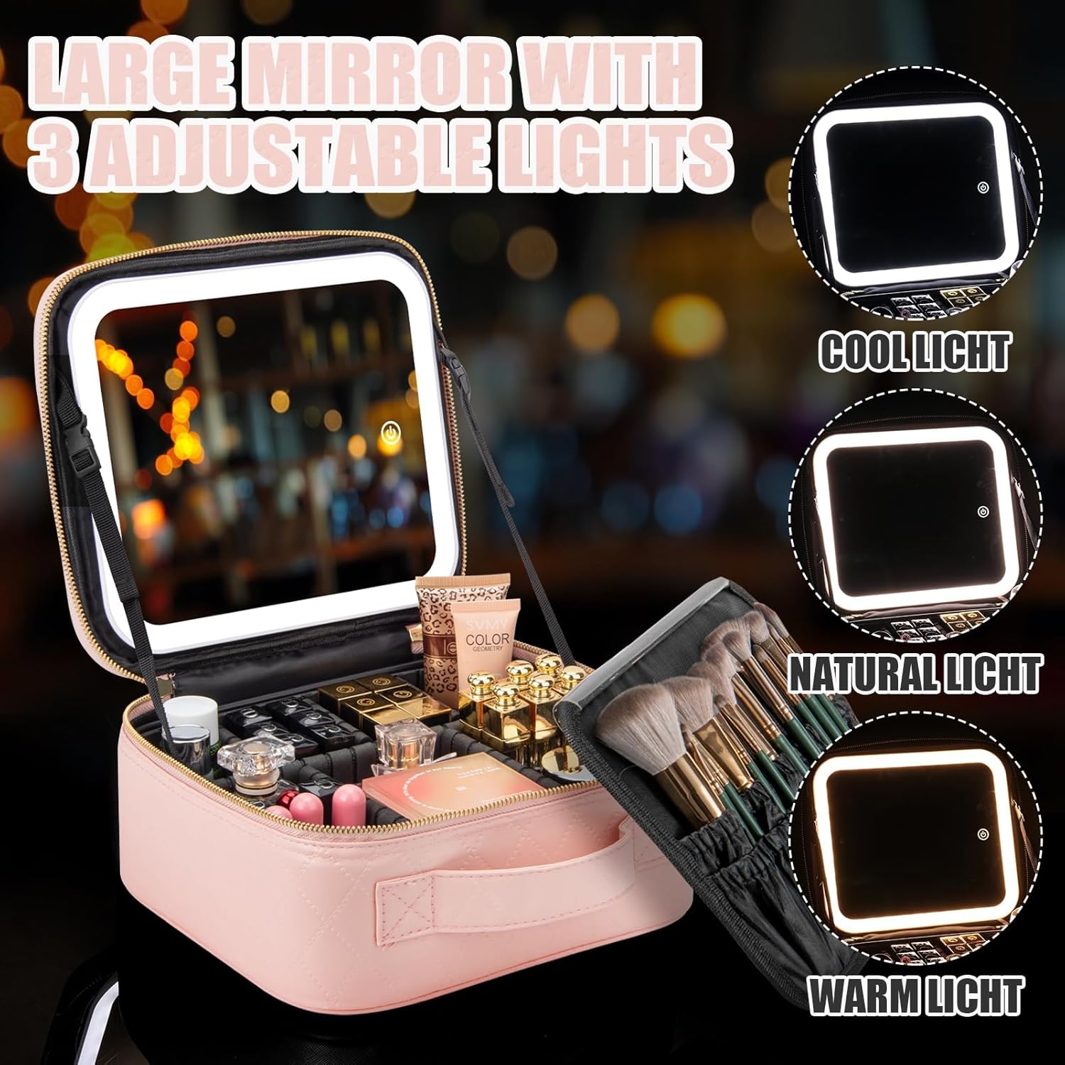 LED Makeup Travel Case with Mirror, Waterproof, Adjustable Brightness & Dividers - Image 4