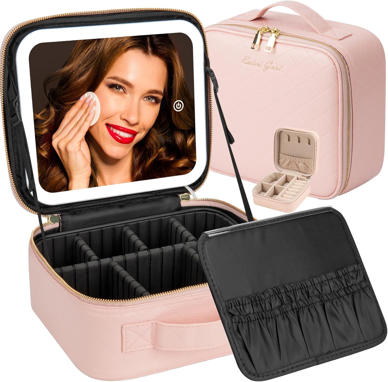 LED Makeup Travel Case with Mirror, Waterproof, Adjustable Brightness & Dividers