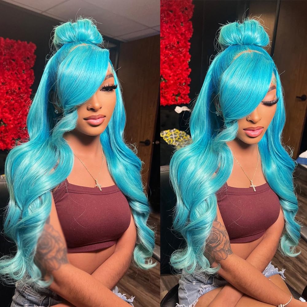 Light Blue Lace Front Wig Human Hair 13x4 HD Transparent Lace Frontal Straight Wigs Pre Plucked Colored Halloween Cosplay Wig for Girl 180% Density Brazilian Remy Human Hair for Women 24inch - Image 6