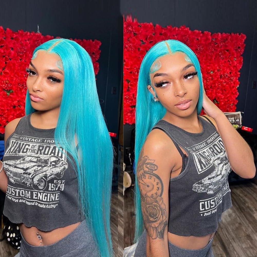 Light Blue Lace Front Wig Human Hair 13x4 HD Transparent Lace Frontal Straight Wigs Pre Plucked Colored Halloween Cosplay Wig for Girl 180% Density Brazilian Remy Human Hair for Women 24inch - Image 5