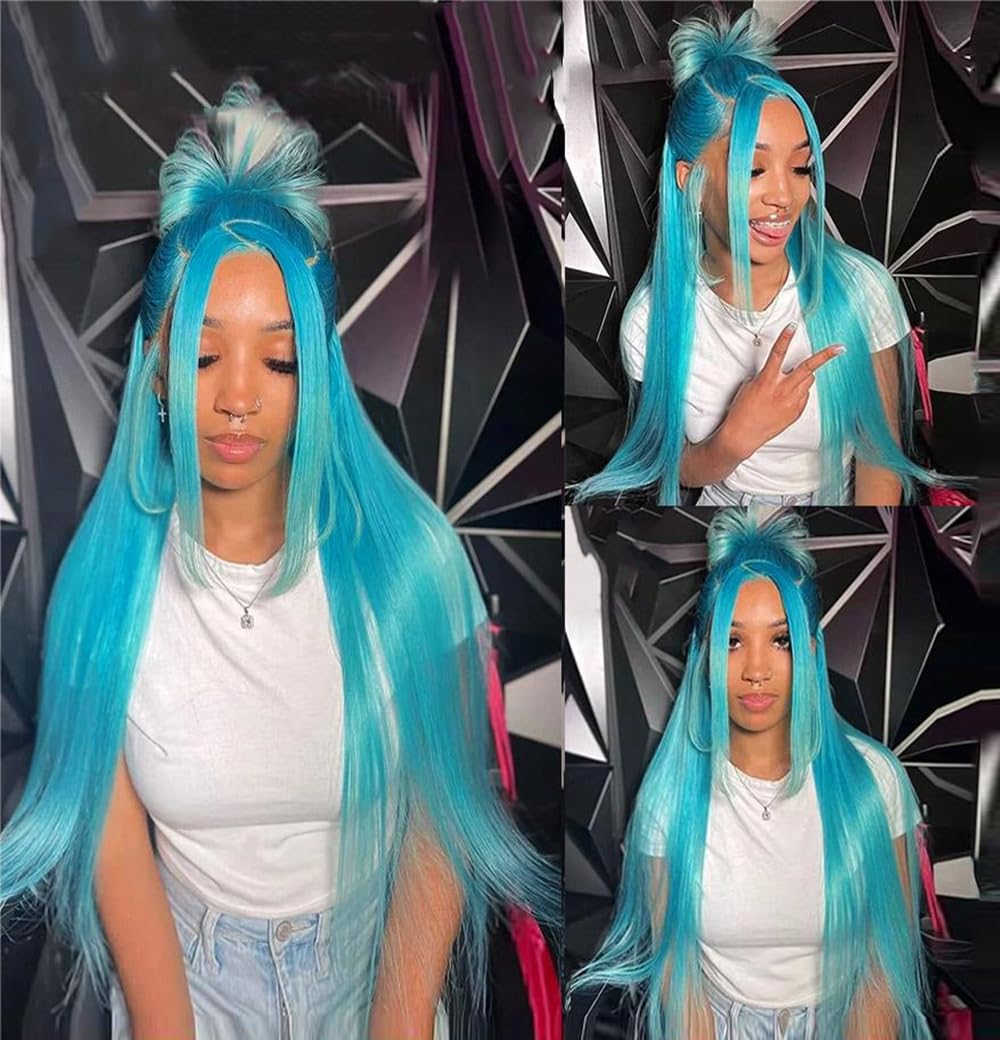 Light Blue Lace Front Wig Human Hair 13x4 HD Transparent Lace Frontal Straight Wigs Pre Plucked Colored Halloween Cosplay Wig for Girl 180% Density Brazilian Remy Human Hair for Women 24inch - Image 4