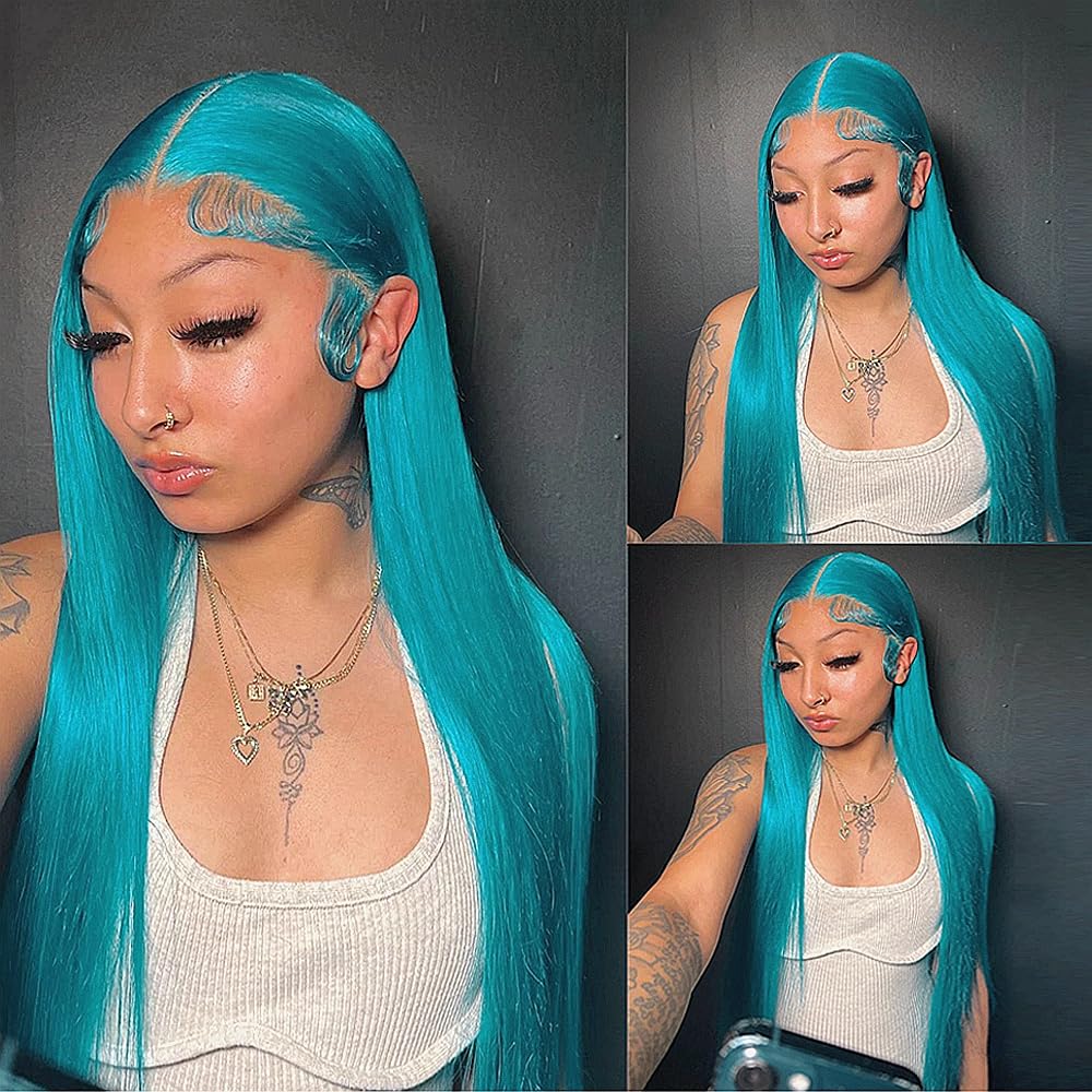 Light Blue Lace Front Wig Human Hair 13x4 HD Transparent Lace Frontal Straight Wigs Pre Plucked Colored Halloween Cosplay Wig for Girl 180% Density Brazilian Remy Human Hair for Women 24inch - Image 3