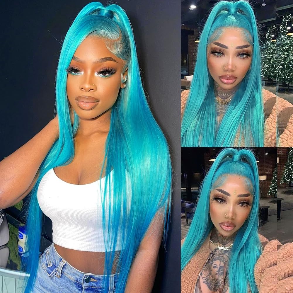 Light Blue Lace Front Wig Human Hair 13x4 HD Transparent Lace Frontal Straight Wigs Pre Plucked Colored Halloween Cosplay Wig for Girl 180% Density Brazilian Remy Human Hair for Women 24inch - Image 2