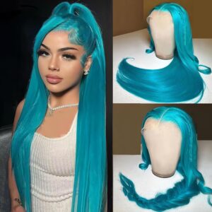 Light Blue Lace Front Wig Human Hair 13x4 HD Transparent Lace Frontal Straight Wigs Pre Plucked Colored Halloween Cosplay Wig for Girl 180% Density Brazilian Remy Human Hair for Women 24inch