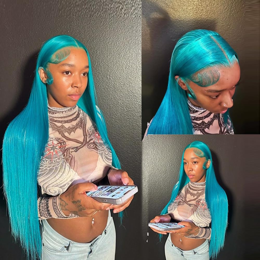 Light Blue Lace Front Wig Human Hair 13x4 HD Transparent Lace Frontal Straight Wigs Pre Plucked Colored Halloween Cosplay Wig for Girl 180% Density Brazilian Remy Human Hair for Women 24inch - Image 7