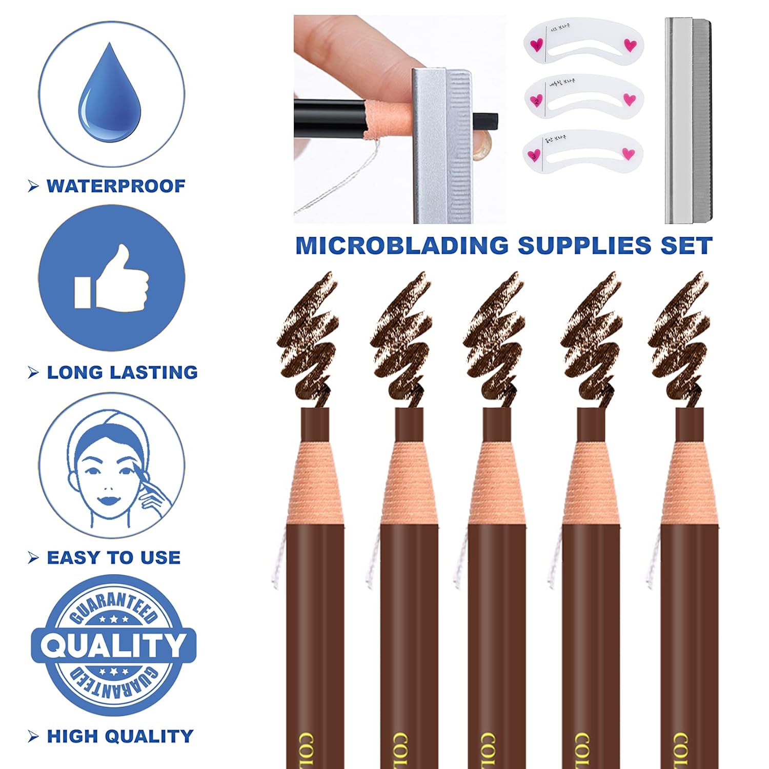 Light Brown Waterproof Eyebrow Pencil Set with Stencil and Tools - 5 Pcs - Image 2