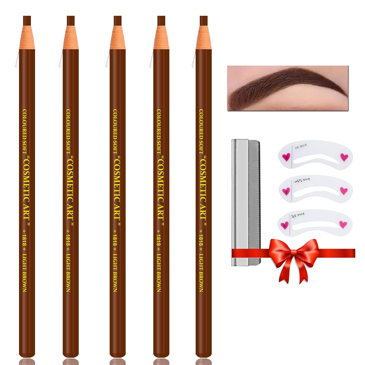 Light Brown Waterproof Eyebrow Pencil Set with Stencil and Tools - 5 Pcs