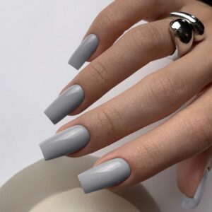 Light Grey Medium Long Square Coffin Press On Acrylic Nails for Women