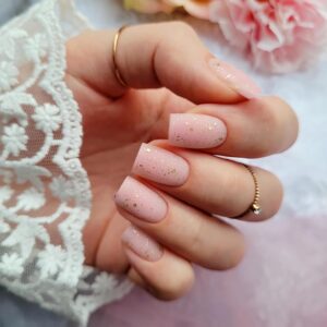 Light Pink Matte Medium Length Square Acrylic Press On Nails with Golden Sequins 24 Nails 12 Sizes