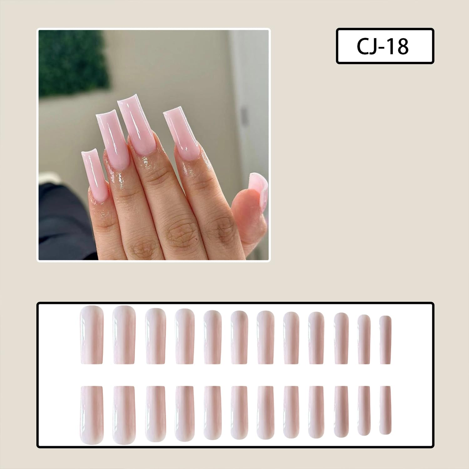 Light Pink Square Press-On Nails, Long Glossy Full Cover, 24 Pcs - Image 2