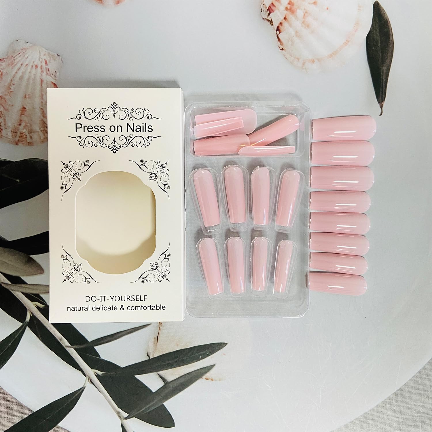 Light Pink Square Press-On Nails, Long Glossy Full Cover, 24 Pcs - Image 4