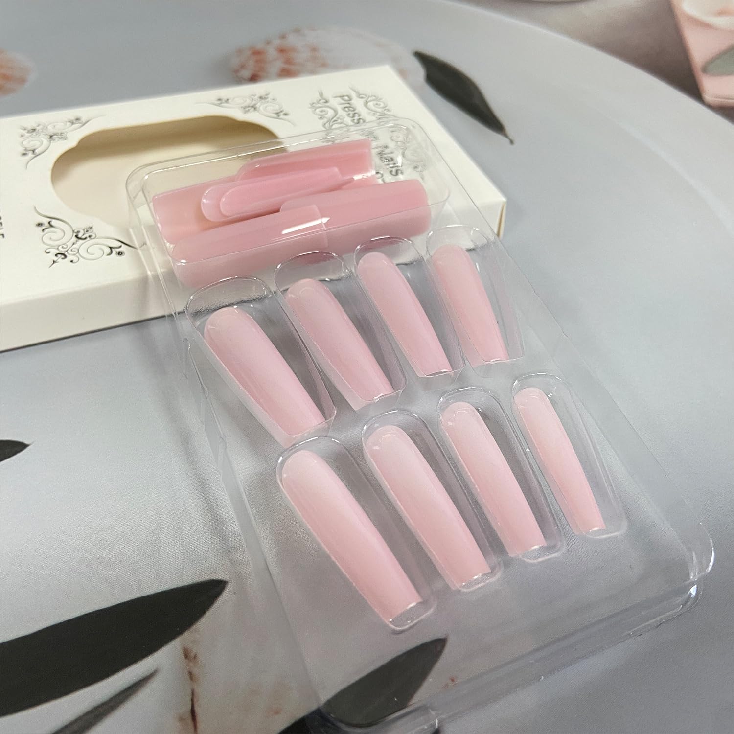 Light Pink Square Press-On Nails, Long Glossy Full Cover, 24 Pcs - Image 5