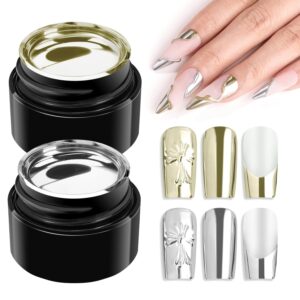 Makartt Chrome Gel Nail Polish Set，Metallic Gel Nail Polish，Silver and Gold 3D Metal Painting Gel for Nail Art Soak off UV/LED Glossy Mirror Effect Nail Glue Gel for Home Salon DIY Manicure（2pcs）