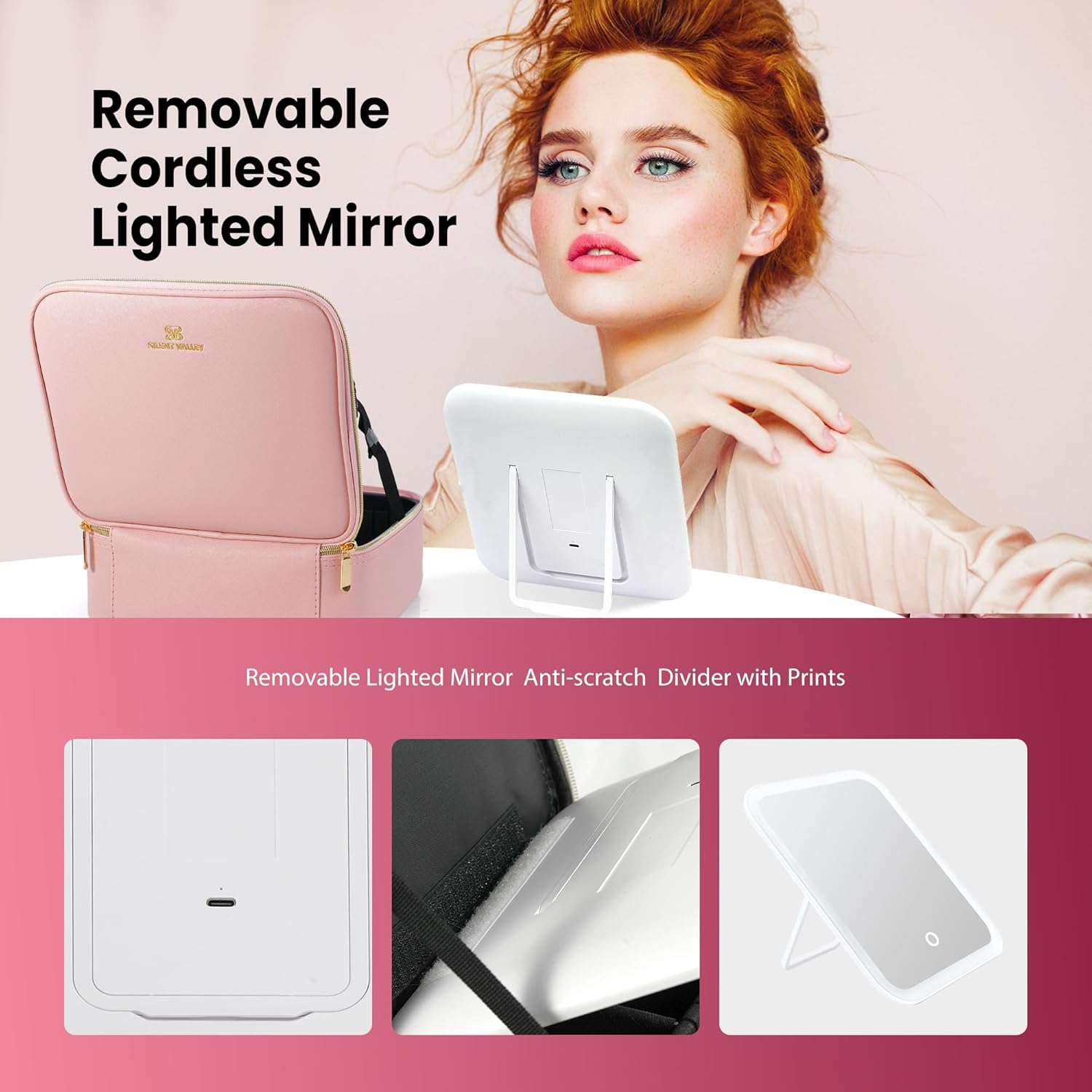 Makeup Bag with Mirror and Light Travel Makeup Bag Makeup Train Case Cosmetic Organzier Portable Artist Bag with Adjustable Dividers Makeup Brushes Storage Organizer Gift for Women Pink - Image 6