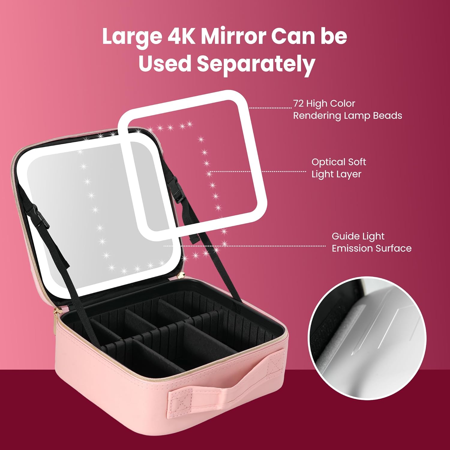 Makeup Bag with Mirror and Light Travel Makeup Bag Makeup Train Case Cosmetic Organzier Portable Artist Bag with Adjustable Dividers Makeup Brushes Storage Organizer Gift for Women Pink - Image 4