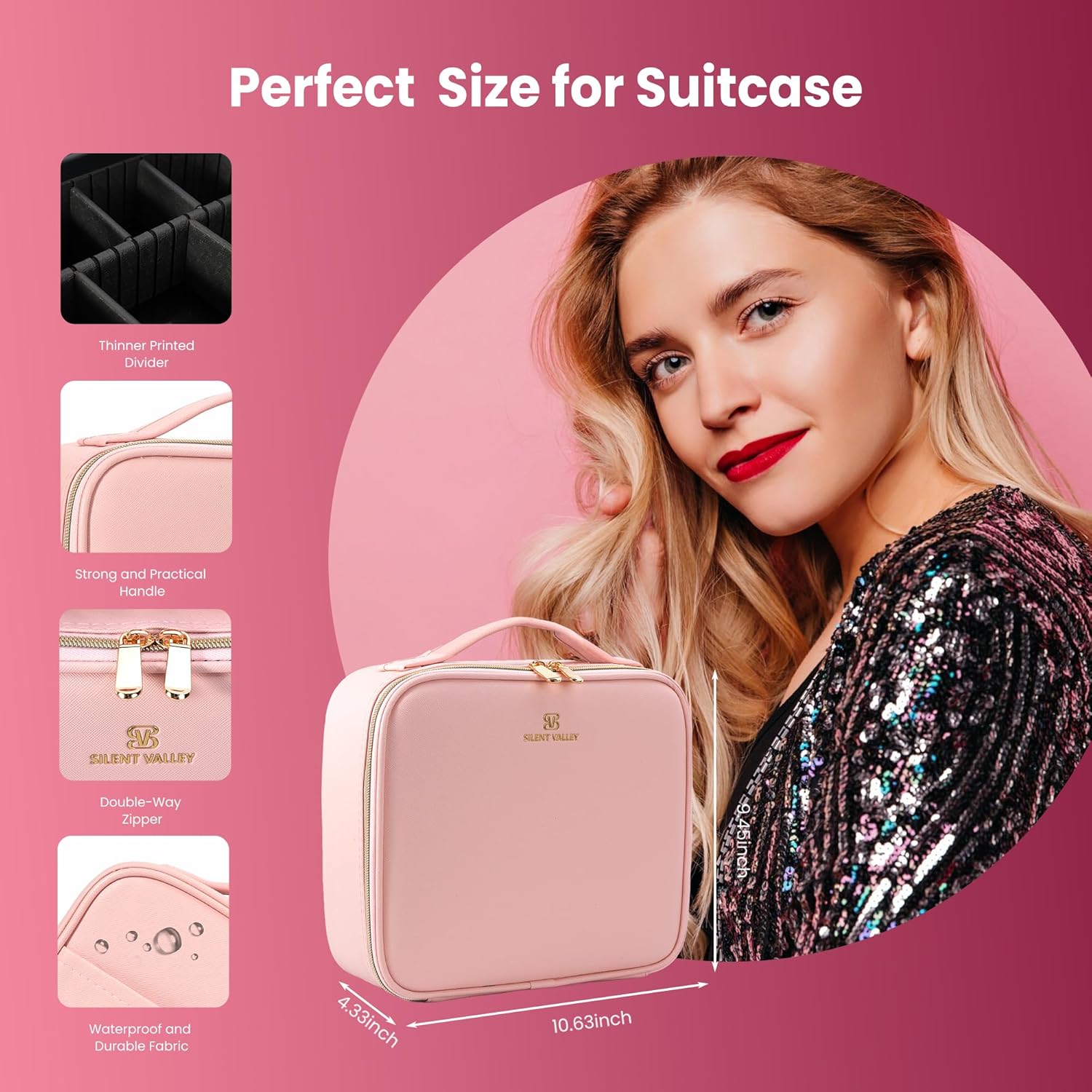 Makeup Bag with Mirror and Light Travel Makeup Bag Makeup Train Case Cosmetic Organzier Portable Artist Bag with Adjustable Dividers Makeup Brushes Storage Organizer Gift for Women Pink - Image 3