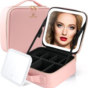 Makeup Bag with Mirror and Light Travel Makeup Bag Makeup Train Case Cosmetic Organzier Portable Artist Bag with Adjustable Dividers Makeup Brushes Storage Organizer Gift for Women Pink