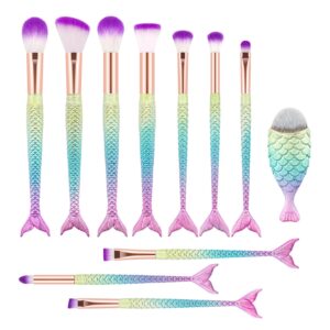 11pcs Mermaid Makeup Brush Set - Premium Synthetic Brushes for Blush, Highlight, Concealer