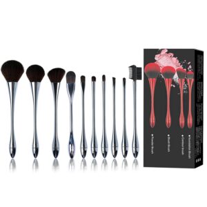 Makeup Brushes Set, 10 Pcs Synthetic Professional Make Up Brushes for Face Makeup Foundation Concealer Powder Blush Eyeshadow Eyebrow Lip, Travel Makeup Brush Kits (Silver)